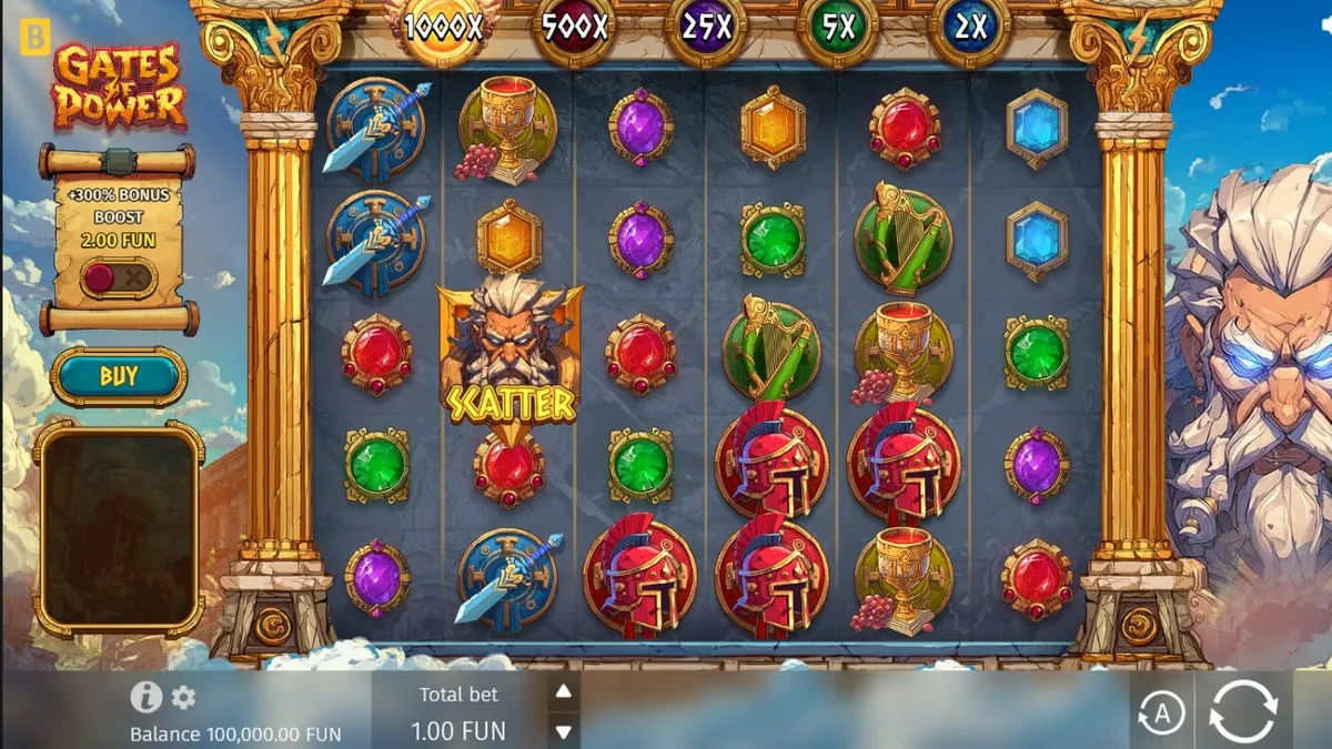 Tampilan visual slot Gates of Power dengan tema Gunung Olympus dan Zeus