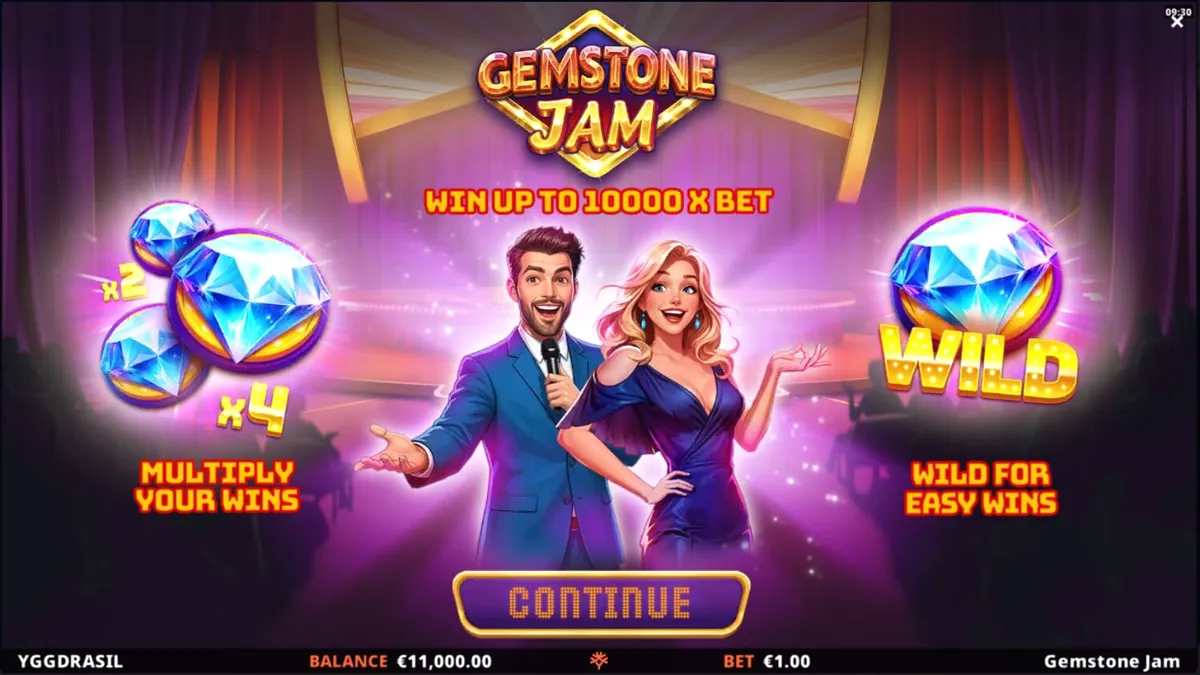 Tampilan visual slot Gemstone Jam dengan simbol klasik dan nuansa panggung TV